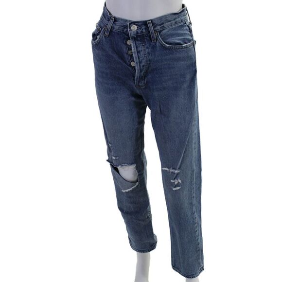 Agolde Denim - Agolde Womens Cotton Button Closure High Waisted Distressed Jeans Blue Size 24